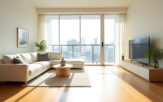 改装後の渋谷の住宅、明るく清潔なリビングルーム